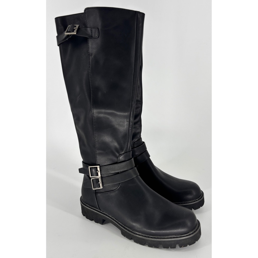 Korks Fay Tall Boots Black Women Size 6 Buckle Round Toe Side Zipper Lug Sole